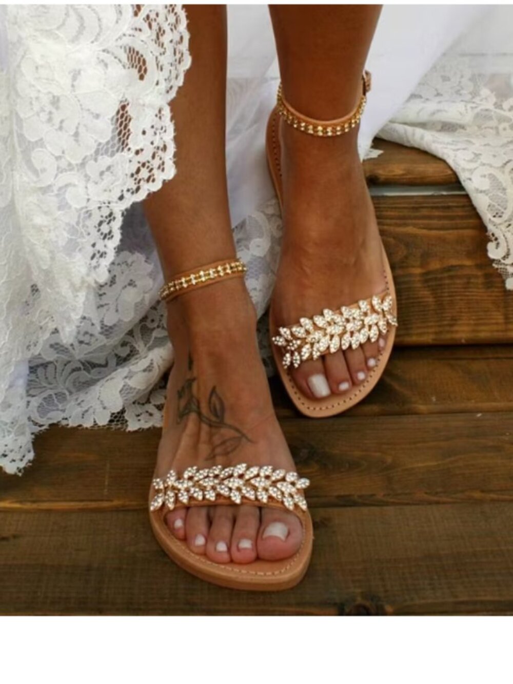 FSJ Tan Rhinestone Ankle Strap Wedding Flat Sandals for Women